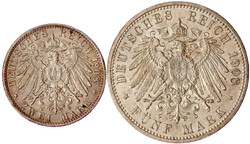 2 Stück: 2 und 5 Mark 1908. Universität Jena. fast Stempelglanz, ...