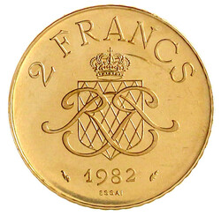 2 Francs ESSAI in Gold 1982. Kopf n. l./Spiegelmonogramm auf dem ...