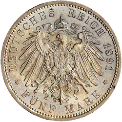 5 Mark 1891 A. fast Stempelglanz, winz. prägebed. Randunebenheit und ...