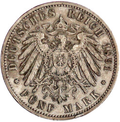 5 Mark 1891 A. sehr schön, Randfehler