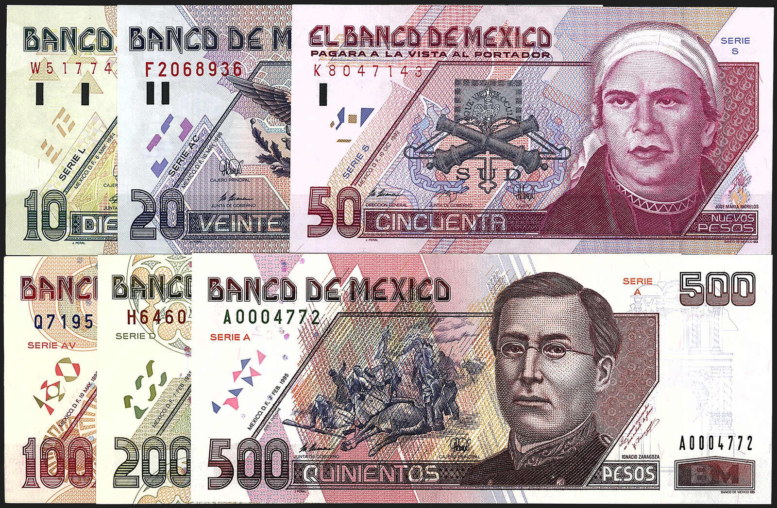 Banco de Mexico, 6 Scheine zu 10, 20, 50, 100, 200 u. 500 Pesos ...