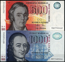 Suomen Pankki, 10, 20, 50, 100, 500 u. 1000 Markkaa 1986 - 1993. I-II