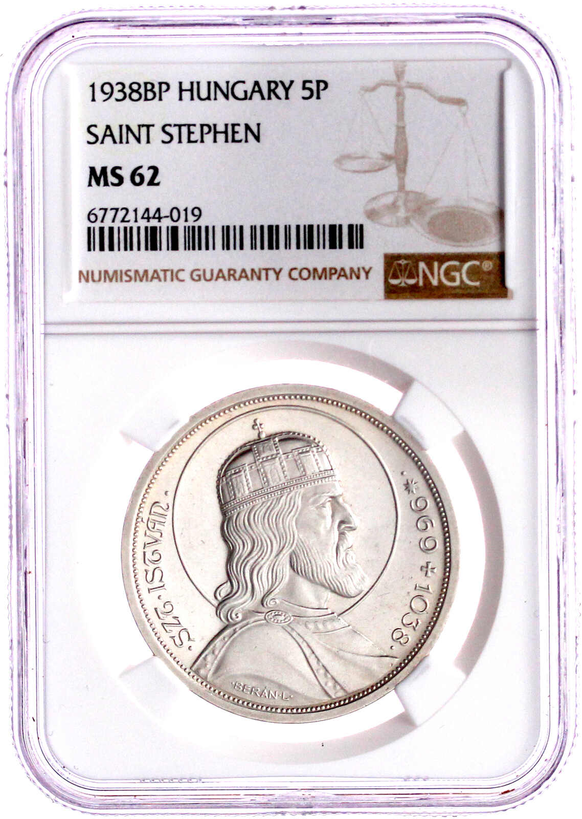 5 Pengö Silber 1938. 900. Todestag des hl. Stephan. Im NGC-Blister ...