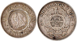 2 Stück: 2 Shillings 1897. Kuriose Umarbeitung: auf der Wertseite in ...