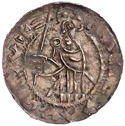 Pfennig o.J. Herzog steht l. mit Fahne/thronender Hl. Wenzel. ...