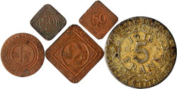 5 Stück: 2 X 50 Cent. dünne und dicke Wertzahl, 1 und 2 Franken ...