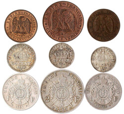 9 etwas bessere Münzen Napoleon III.: 2 Fr. 1868 A, 1 Fr. 1867 A, ...