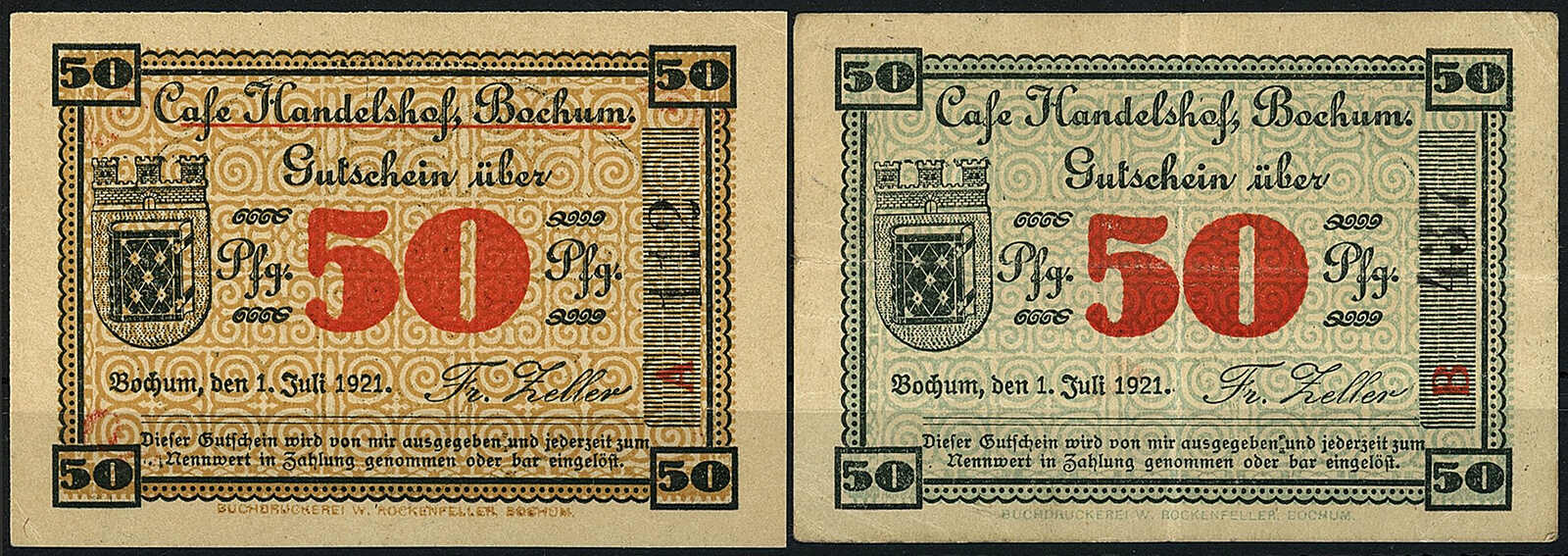 Cafe Handelshof,2x 50 Pfg. 1.7.1921. I- und III