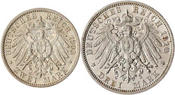2 Stück: 2 Mark 1903 A, Zur Hochzeit und 3 Mark 1910 mit Feodora. ...