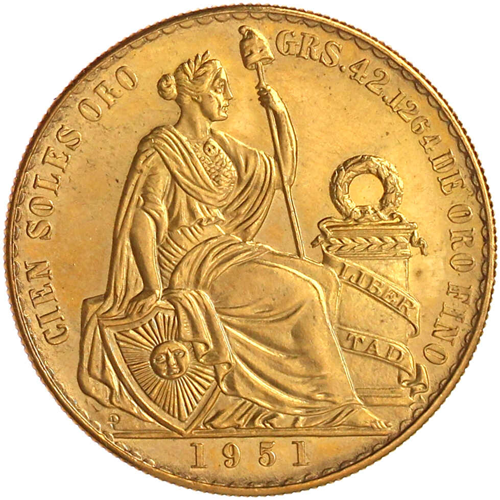 100 Soles 1951, sitzende Freiheit. 46,81 g. 900/1000. ...
