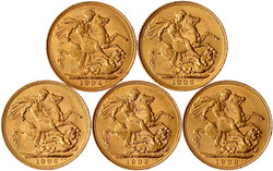 5 X Sovereign: London 1906 und 2 X 1908, Sydney 1906, Melbourne 1904. ...
