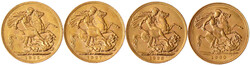 4 X Sovereign: 1925, 1927, 1928, 1930, alle SA. 7,99 g. 917/1000. ...