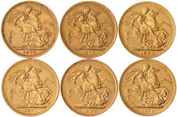 6 versch. Sovereigns mit jugendl. Kopf: 1873, 1876, 1880, 1881, 1884, ...