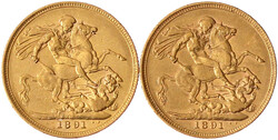2 X Sovereign Kopf mit Krone und kl. Schleier 1891 M, Melbourne. Je 7 ...