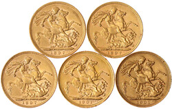 5 X Sovereign gr. Kopf mit Schleier: 1901 Perth (kl. Randf.), 3 X ...