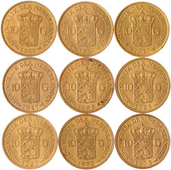 Komplette Serie von 9 X 10 Gulden ab 1911 bis 1933 (alle Jahrgänge). ...