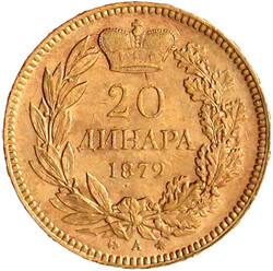 20 Dinara 1879 A, Paris. 6,45 g. 900/1000. vorzüglich/Stempelglanz, ...