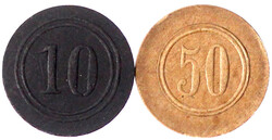 10 Pfg. Pappe, schwarz und 50 Pfg. gelbbraun o.J. Duchmesser 21,2 mm, ...