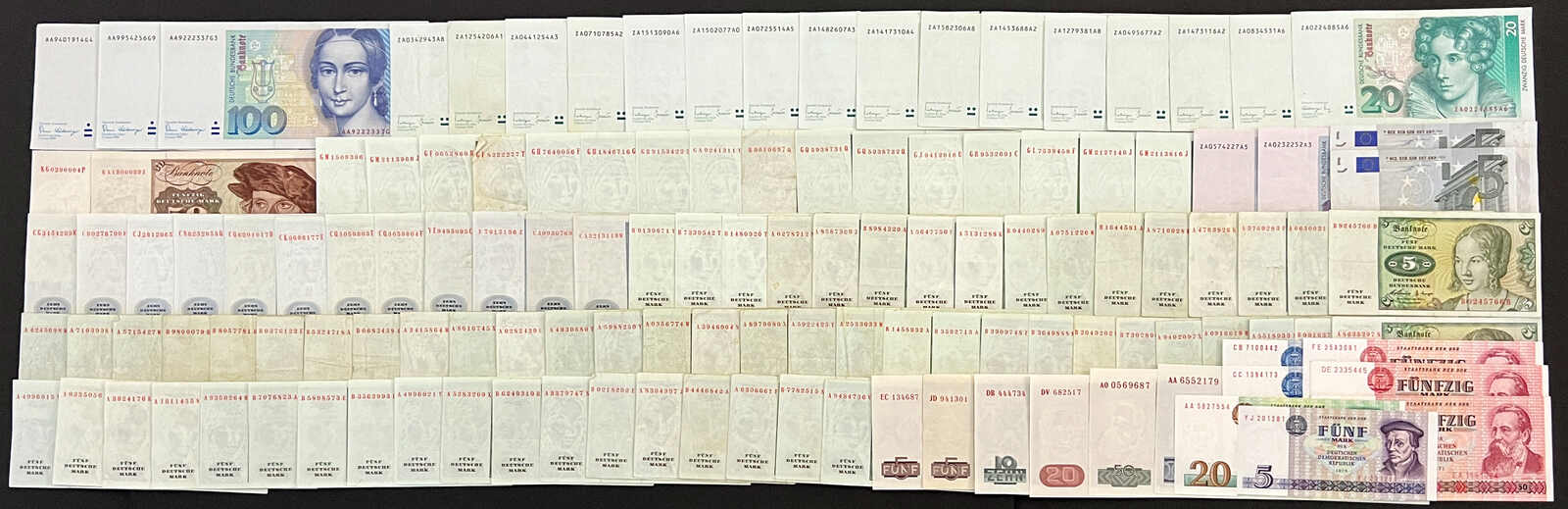 BRD, Posten mit insgesamt 129 Scheinen, davon 63x 5, 14x 10, 32x 20, ...