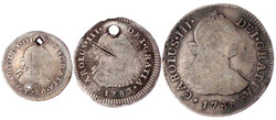 3 Silbermünzen: 2 Reales 1788 Lima, Real 1783 (gelocht) und 1/2 Real ...