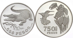 2 Silbermünzen: 500 und 750 Pesos 1978. Alligator und Kolibri. ...