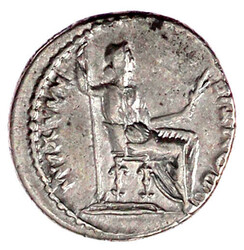 Denar 14/37, Lugdunum. Belorb. Kopf r./PONTIF MAXIM. Livia sitzt r., ...