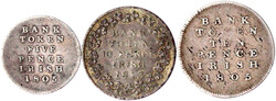 3 verschiedene Silber-Banktokens: 5 und 10 Pence 1805 und 10 Pence ...