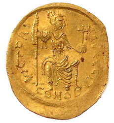 Solidus 567/578, Constantinopel, 3. Offizin. DN IVSTINVS PP AVG. ...