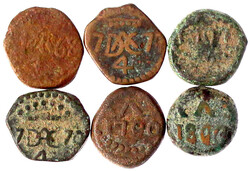 6 Kupfermünzen: 4 Kas (Cash) 1768, 1770, 1777, 1790, 1797, 1806. ...
