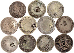 11 Silbermünzen: 10 X Spanien 2 Reales aus 1774 bis 1824, jeweils ...