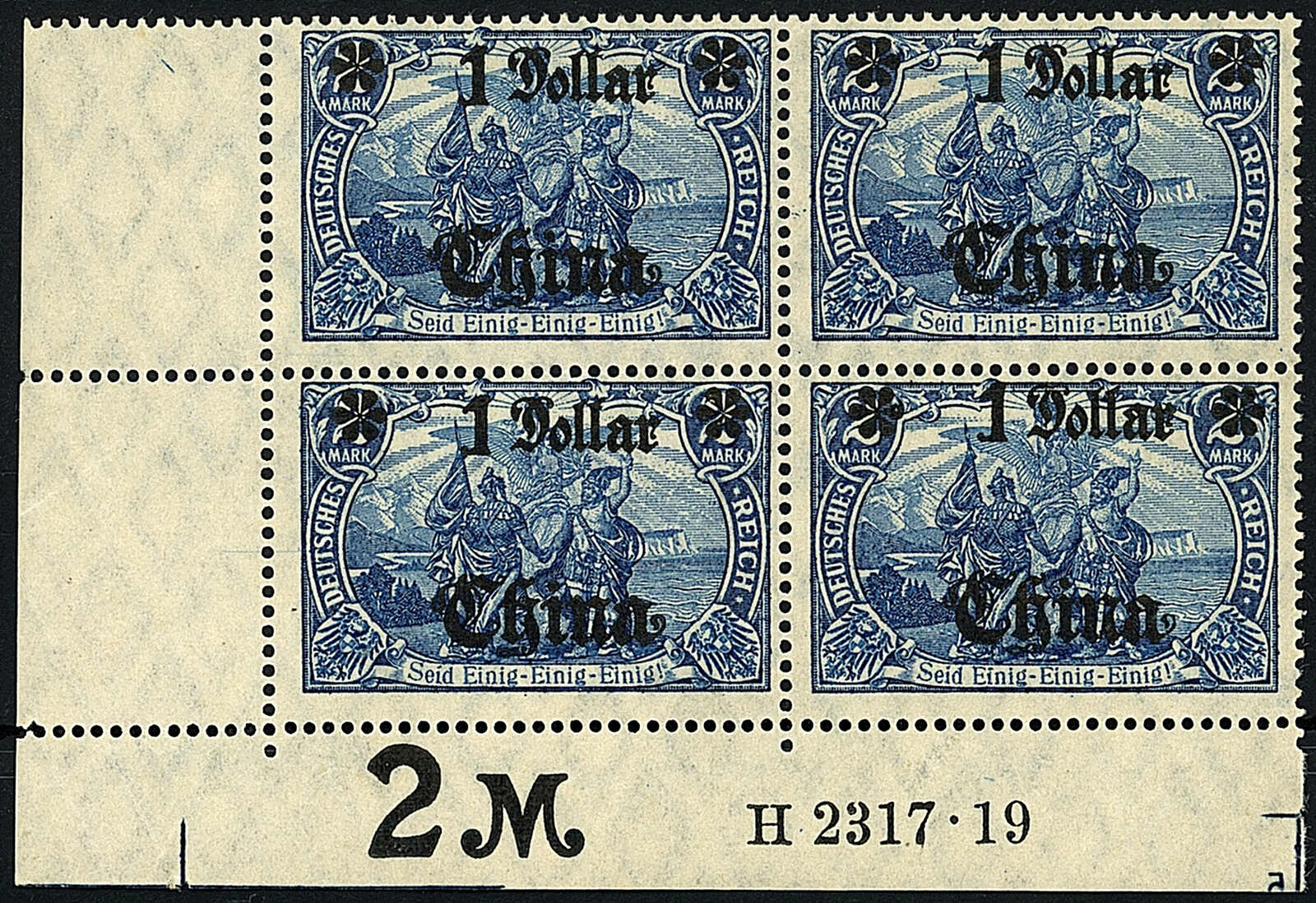 1 D. auf 2 M. Freimarke 1906/1919, postfrischer Viererblock aus der ...