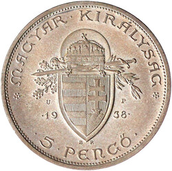 5 Pengö 1938 UP, St. Stephan. Offizielle Neuprägung der Probe. ...