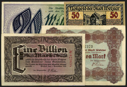 9 Notgeldscheine von 10 Pfg. bis 1 Bio. Mark aus 1918 - 1923. ...