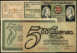 9 Notgeldscheine von 10 Pfg. bis 1 Bio. Mark aus 1918 - 1923. ...