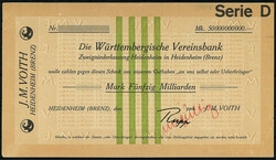 J. M. Voith, 200 Tsd. u. 50 Mrd. Mark 1923. III, kl. Einrisse