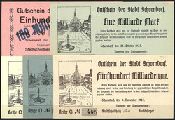 Stadt, 5 Scheine zu 100 Mio., 1, 10, 20 u. 500 Mrd. Mark 1923. I / I-