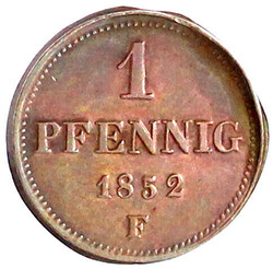 1 Pfennig 1852 F. Rs. incuse Prägung der Vs. (brakteatenförmig). ...