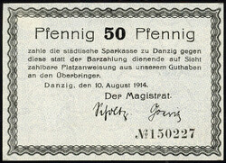 Magistrat, 50 Pfg. 10.8.1914. Rs. handschriftlicher Text mit Datum 18 ...