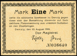 Magistrat, 1 Mark 10.8.1914. Rs. handschriftlicher Text mit Datum 18. ...
