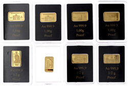 8 kleine Feingoldbarren in original Plastikblistern. 4 X 1 und 4 X ...