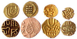 8 diverse Gold-Fanams. Travankur, Najakas, Cochin, Udupi, usw. ...