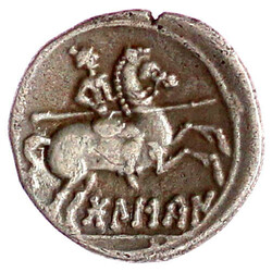 Denar 133/100 v. Chr. v. Chr. XM. Bärtiger Kopf r./Reiter r. mit ...