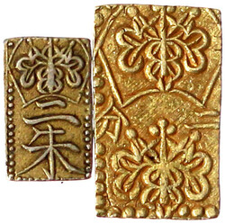 2 Stück: 2 Bu 1868/1869 und 2 Shu Tenpo (1832/1858). Zusammen 4,65 g ...