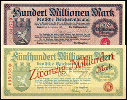 Magistrat, 5 Scheine zu 5, 50, 100, 500 Mio. und 20 Mrd. Mark 1923. ...