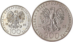 2 Stück: 100 und 200 Zlotych Silber 1986 Johannes Paul II. Auflagen ...