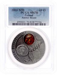 20 Zlotych Silber (mit eingesetztem Bernstein) 2001. Bernsteinstraße ...