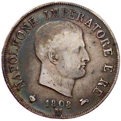 5 Lire 1808 M, Mailand. fast Stempelglanz, Patina