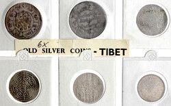 6 Silbermünzen: Gaden-Tanka, 2 ältere Tankas, 1 1/2, 3 und 10 Srang ...