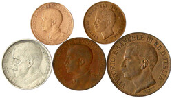 5 Münzen: 2 Centesimi 1906, 10 Centesimi 1911, 50 Centesimi 1925 ...