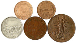 5 Münzen: 2 Centesimi 1906, 10 Centesimi 1911, 50 Centesimi 1925 ...